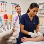 Phlebotomy student arranging color coded blood collection tubes in the standard order of draw while performing a supervised venipuncture in a clinical training lab