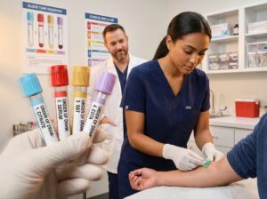 Phlebotomy student arranging color coded blood collection tubes in the standard order of draw while performing a supervised venipuncture in a clinical training lab