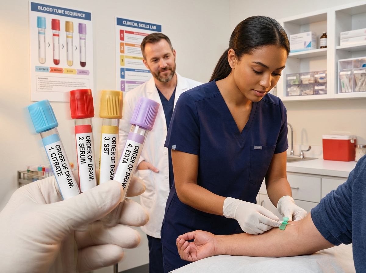 Phlebotomy student arranging color coded blood collection tubes in the standard order of draw while performing a supervised venipuncture in a clinical training lab