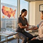Phlebotomist in scrubs drawing blood from a patient in a modern clinic with a certification on the wall and a US salary heatmap overlay