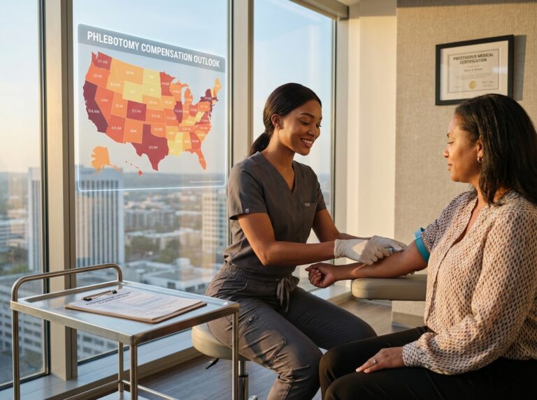 Phlebotomist in scrubs drawing blood from a patient in a modern clinic with a certification on the wall and a US salary heatmap overlay