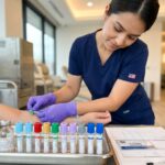 Phlebotomist drawing blood with row of color coded vacutainer tubes and certification card, US context