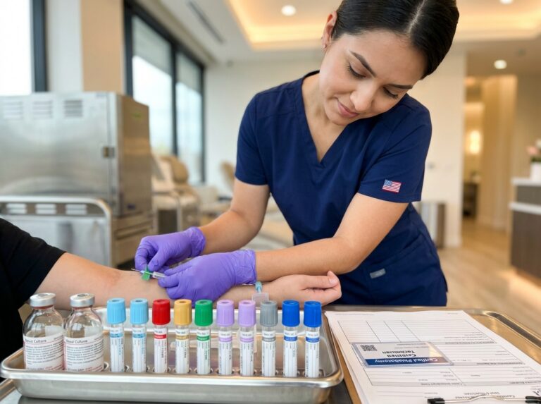 Phlebotomist drawing blood with row of color coded vacutainer tubes and certification card, US context