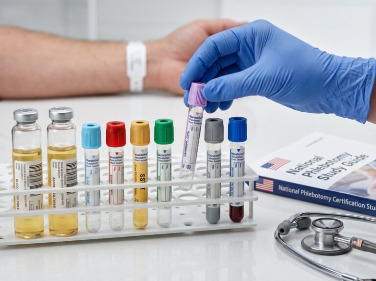 Close up of Vacutainer tubes arranged in standard order of draw with a gloved phlebotomist holding a labeled tube, study materials and a subtle US map in the background