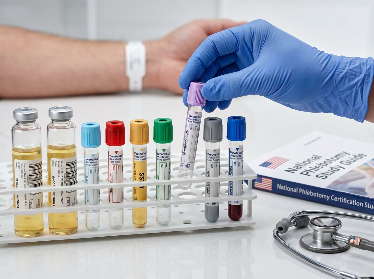 Close up of Vacutainer tubes arranged in standard order of draw with a gloved phlebotomist holding a labeled tube, study materials and a subtle US map in the background