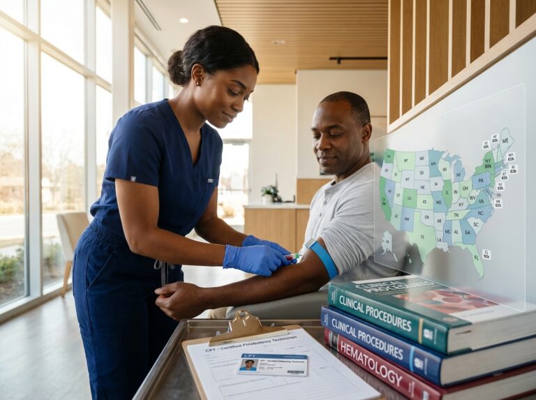 Phlebotomist drawing blood in clinic with US map overlay of state salary highlights