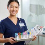 Phlebotomist holding a tray of color-coded blood collection tubes with certification paperwork and a small US map in the background