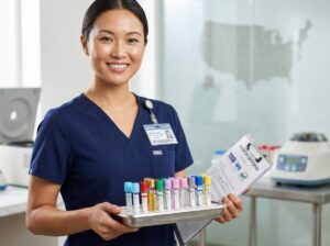 Phlebotomist holding a tray of color-coded blood collection tubes with certification paperwork and a small US map in the background