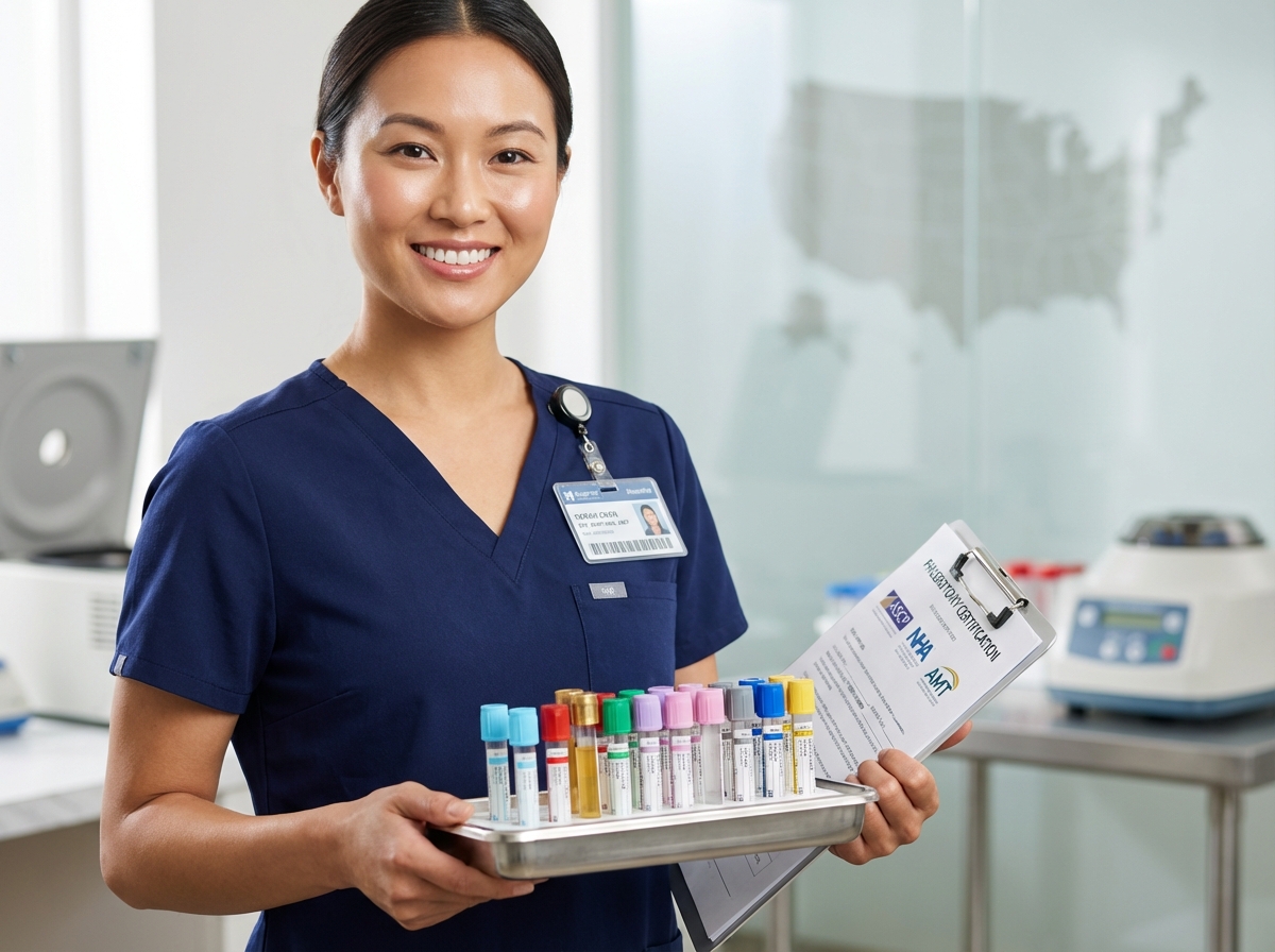 Phlebotomist holding a tray of color-coded blood collection tubes with certification paperwork and a small US map in the background