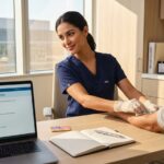 Phlebotomist preparing a patient for venipuncture while reviewing a practice test on a laptop with study notes and a small US map nearby