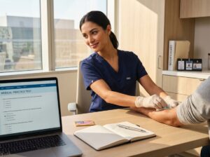 Phlebotomist preparing a patient for venipuncture while reviewing a practice test on a laptop with study notes and a small US map nearby
