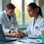 Phlebotomy student guided by a trainer in a clinic with practice test materials and medical supplies visible