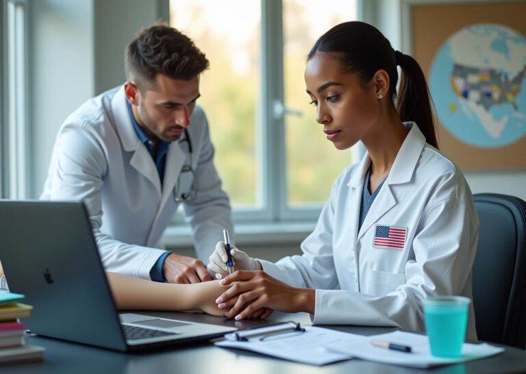 Phlebotomy student guided by a trainer in a clinic with practice test materials and medical supplies visible