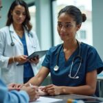 Phlebotomy student in scrubs drawing blood from a patient under supervision in a hospital lab, with textbooks and a certification certificate on a nearby table.
