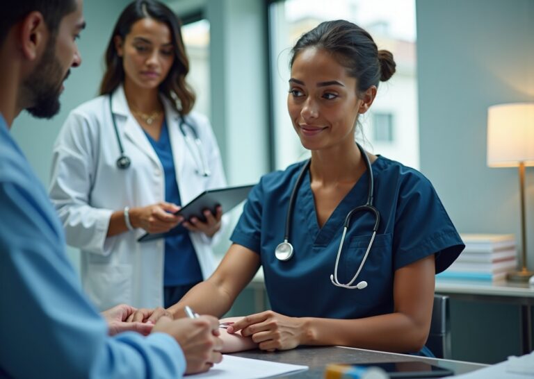 Phlebotomy student in scrubs drawing blood from a patient under supervision in a hospital lab, with textbooks and a certification certificate on a nearby table.