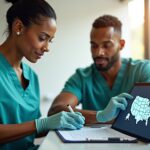 Diverse phlebotomist in scrubs drawing blood from a patient with certification paperwork and a US state map on a laptop nearby, clinical warm lighting