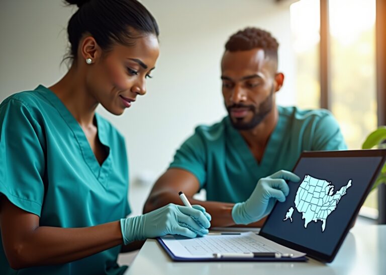 Diverse phlebotomist in scrubs drawing blood from a patient with certification paperwork and a US state map on a laptop nearby, clinical warm lighting