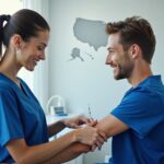 Phlebotomist in blue scrubs drawing blood from a patient with NHA and ASCP certification badges and a faint US map in the background