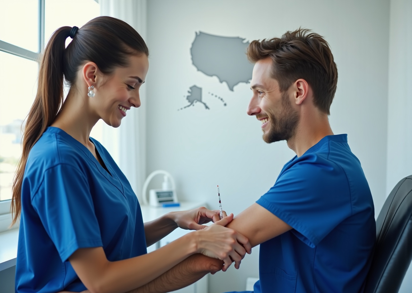 Phlebotomist in blue scrubs drawing blood from a patient with NHA and ASCP certification badges and a faint US map in the background