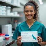 Smiling phlebotomist in scrubs holding a CPT 1 certificate and blood collection tube in a California hospital lab