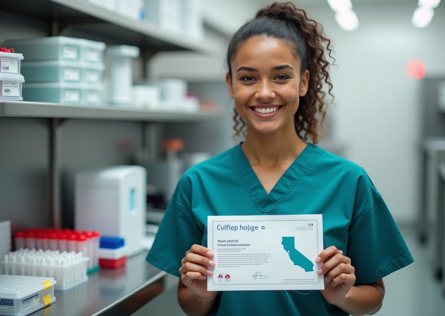 Smiling phlebotomist in scrubs holding a CPT 1 certificate and blood collection tube in a California hospital lab