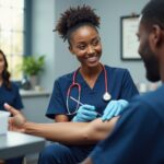 Smiling phlebotomist drawing blood from a patient in a clean clinic with visible tray, certificate and clock
