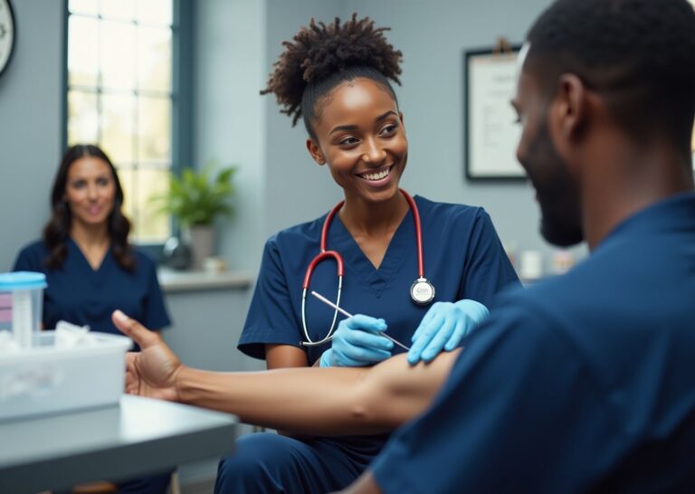 Smiling phlebotomist drawing blood from a patient in a clean clinic with visible tray, certificate and clock