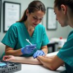 Phlebotomist drawing blood from a patient with deep/rolling veins using a butterfly needle, warm compress and vein finder visible