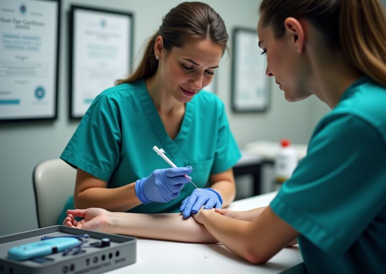 Phlebotomist drawing blood from a patient with deep/rolling veins using a butterfly needle, warm compress and vein finder visible