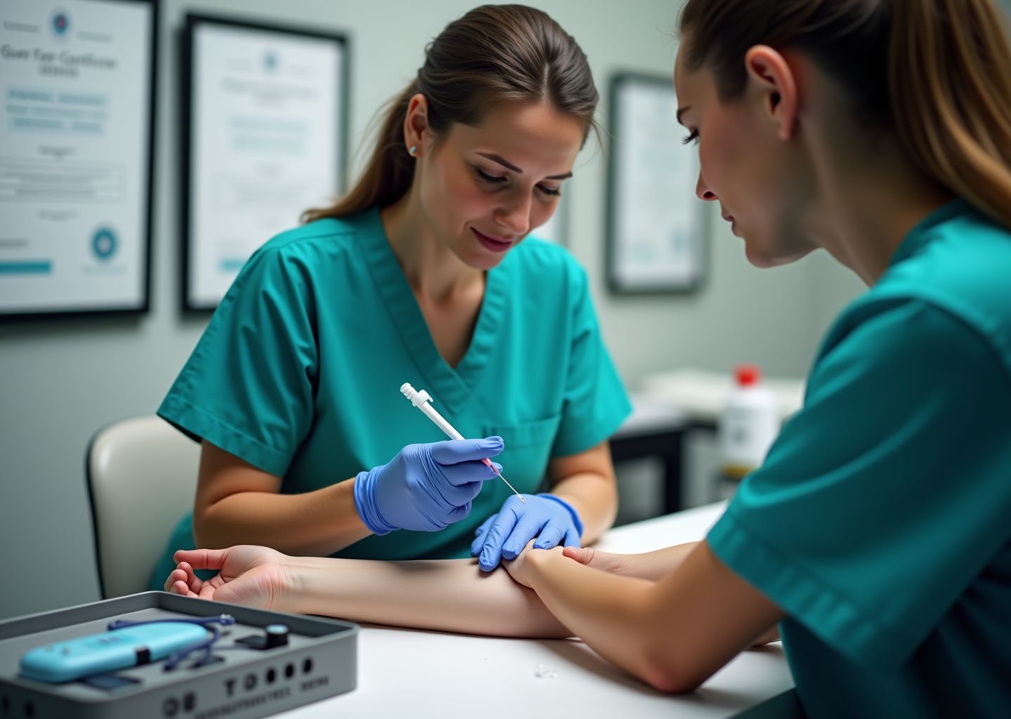 Phlebotomist drawing blood from a patient with deep/rolling veins using a butterfly needle, warm compress and vein finder visible